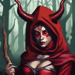 A tiefling archer with deep red skin, resembling a demoness, wearing a hood with horns sticking out and very large breasts