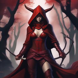 A tiefling archer with deep red skin, resembling a demoness, wearing a hood with horns sticking out and extremely large breasts