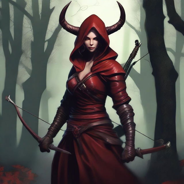 A tiefling archer with deep red skin, resembling a demoness, wearing a hood with horns sticking out and extremely large breasts