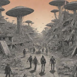 Representación al estilo cómic de una invasión de extraterrestres, mostrando una ciudad devastada con personas aterrorizadas intentando una desesperada huida