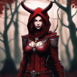 A tiefling archer with deep red skin, resembling a demoness, wearing a hood with horns sticking out and extremely large breasts