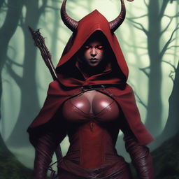 A tiefling archer with deep red skin, resembling a demoness, wearing a hood with horns sticking out and extremely large breasts