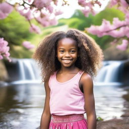 A 12-year-old African girl with long curly hair smiling while walking by the river banks