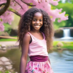 A 12-year-old African girl with long curly hair smiling while walking by the river banks