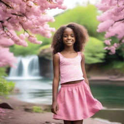 A 12-year-old African girl with long curly hair smiling while walking by the river banks