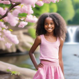 A 12-year-old African girl with long curly hair smiling while walking by the river banks