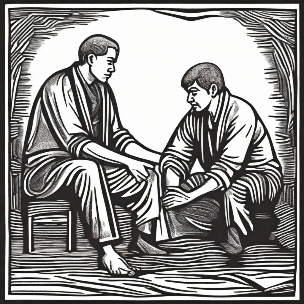 Create a woodcut print featuring two men