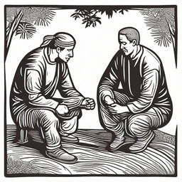 Create a woodcut print featuring two men