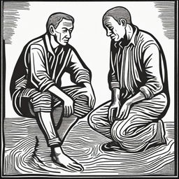 Create a woodcut print featuring two men