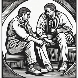 Create a woodcut print featuring two men