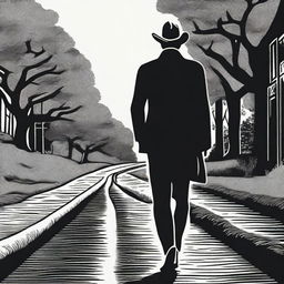 Create a woodcut print featuring a man walking on a road and looking back over his shoulder