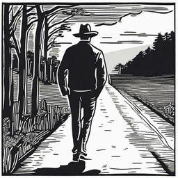 Create a woodcut print featuring a man walking on a road and looking back over his shoulder