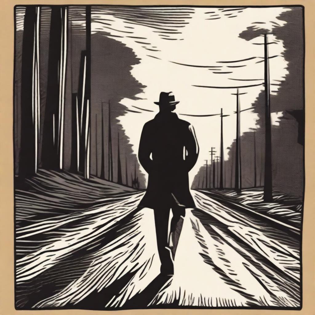 Create a woodcut print featuring a man walking on a road and looking back over his shoulder