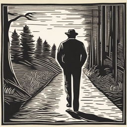 Create a woodcut print featuring a man walking on a road and looking back over his shoulder