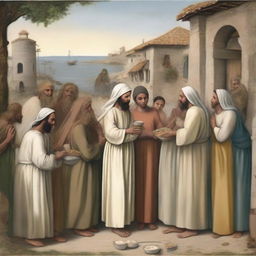 An illustration depicting the seven Corporal Works of Mercy as taught by Jesus Christ