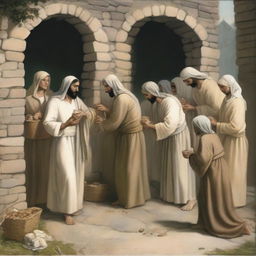 An illustration depicting the seven Corporal Works of Mercy as taught by Jesus Christ