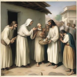 An illustration depicting the seven Corporal Works of Mercy as taught by Jesus Christ