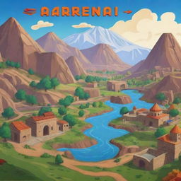 A start screen for an Armenian-themed video game without characters. Showcase iconic Armenian landmarks, cultural symbols, and vibrant nature landscapes.