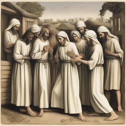 An illustration depicting the seven Corporal Works of Mercy as taught by Jesus Christ