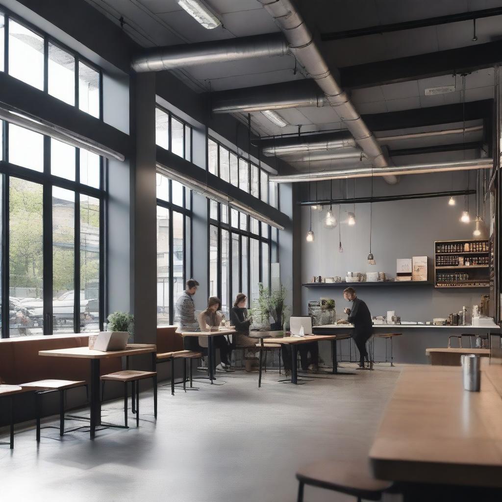 A modern coffee shop with a grey industrial ceiling