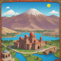 A start screen for an Armenian-themed video game without characters. Showcase iconic Armenian landmarks, cultural symbols, and vibrant nature landscapes.