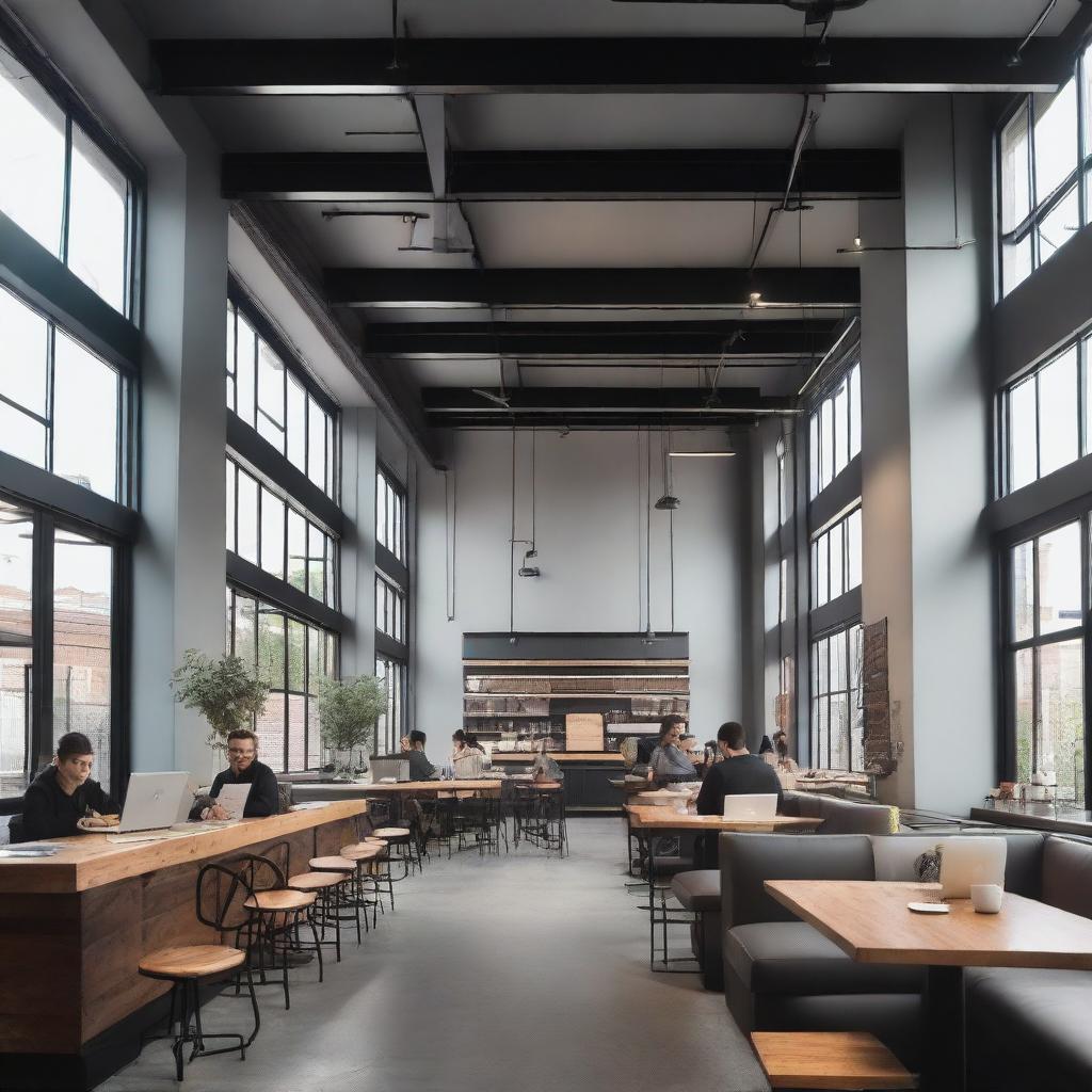 A modern coffee shop with a grey industrial ceiling