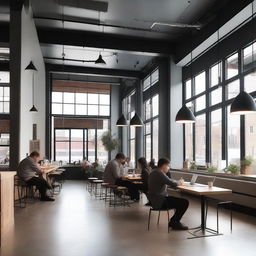 A modern coffee shop with a grey industrial ceiling