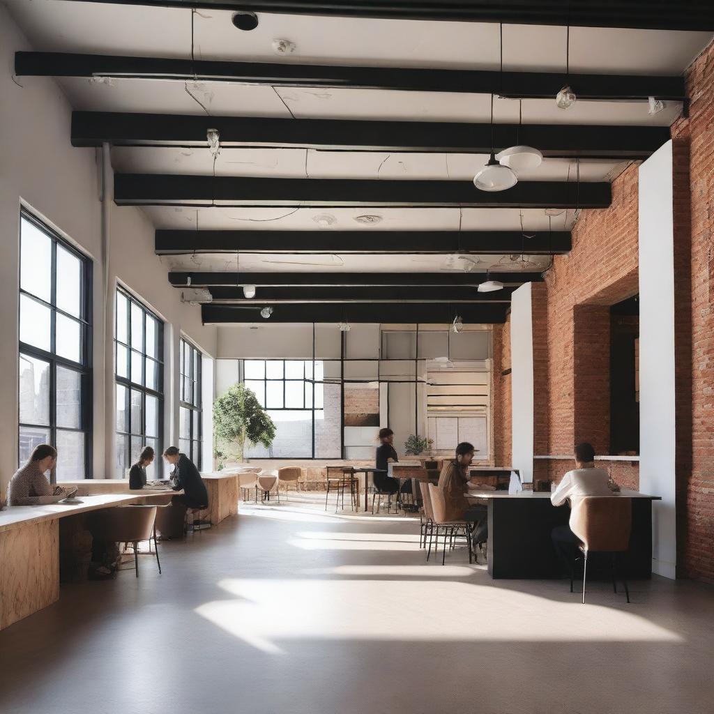 A modern coffee shop with a grey industrial ceiling and a light-colored floor