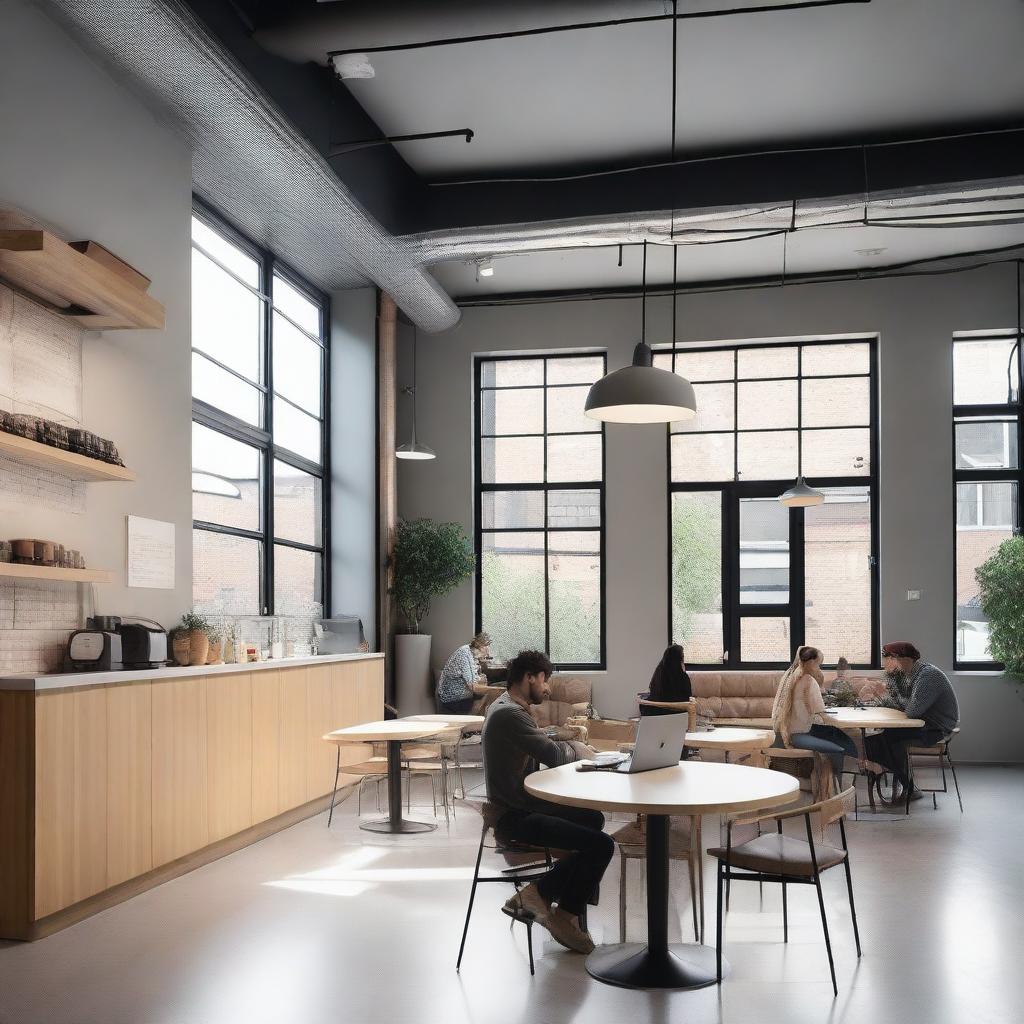 A modern coffee shop with a grey industrial ceiling and a light-colored floor