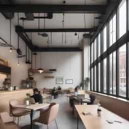 A modern coffee shop with a grey industrial ceiling and a light-colored floor