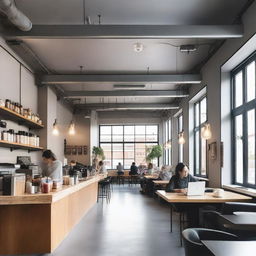 A modern coffee shop with a grey industrial ceiling and a light-colored floor