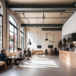 A modern coffee shop with a grey industrial ceiling and a light beige floor