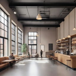 A modern coffee shop with a grey industrial ceiling and a light beige floor