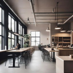 A modern coffee shop with a grey industrial ceiling and a light beige floor