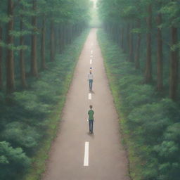 Anime style image of a man standing at the fork of two diverging roads in a forest. One path is smooth, the other filled with obstacles. The man is moving towards the challenging path. Above, the phrase 'On my way' is inscribed.