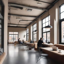 A modern coffee shop with a grey industrial ceiling and a light beige floor