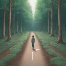 Anime style image of a man standing at the fork of two diverging roads in a forest. One path is smooth, the other filled with obstacles. The man is moving towards the challenging path. Above, the phrase 'On my way' is inscribed.