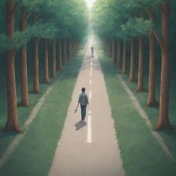 Anime style image of a man standing at the fork of two diverging roads in a forest. One path is smooth, the other filled with obstacles. The man is moving towards the challenging path. Above, the phrase 'On my way' is inscribed.