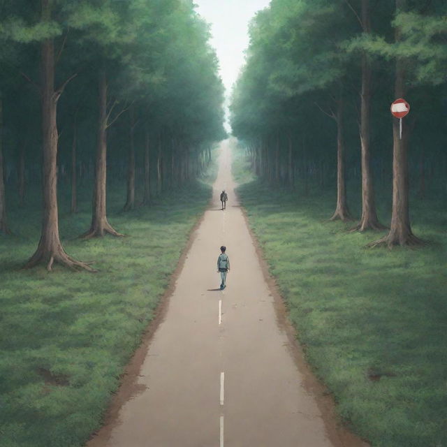 Anime style image of a man standing at the fork of two diverging roads in a forest. One path is smooth, the other filled with obstacles. The man is moving towards the challenging path. Above, the phrase 'On my way' is inscribed.