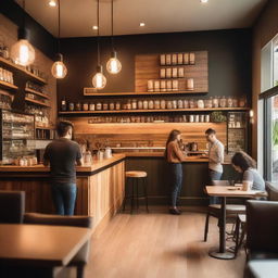 A cozy coffee shop interior with wooden furniture, warm lighting, and a barista making coffee behind the counter