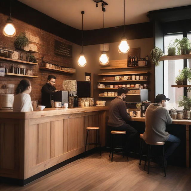 A cozy coffee shop interior with wooden furniture, warm lighting, and a barista making coffee behind the counter