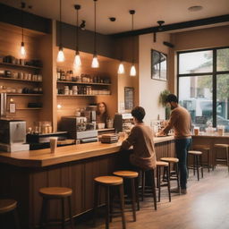 A cozy coffee shop interior with wooden furniture, warm lighting, and a barista making coffee behind the counter