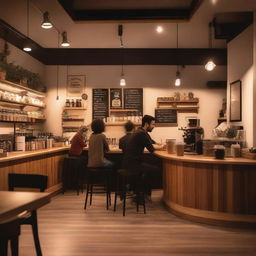 A cozy coffee shop interior with wooden furniture, warm lighting, and a barista making coffee behind the counter