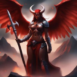 A powerful female Tiefling Barbarian with angelic wings