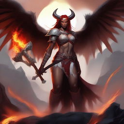 A powerful female Tiefling Barbarian with angelic wings