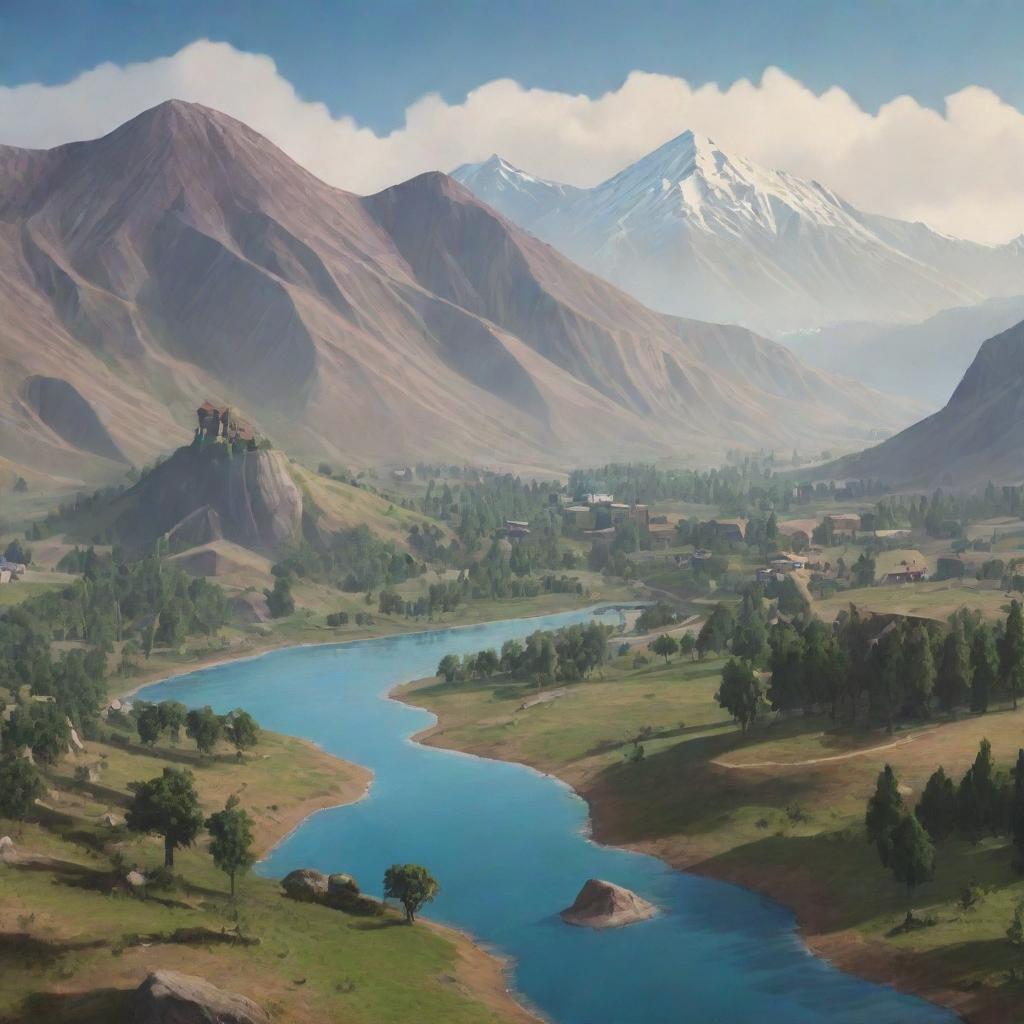 A start screen for an Armenian-themed video game devoid of people and buildings. Focus primarily on Armenia's unique natural landscapes, such as mountains, forests, and rivers.