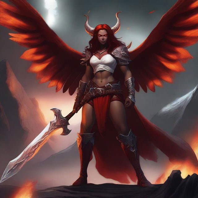 A powerful female Tiefling Barbarian with angelic wings