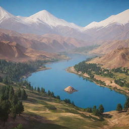 A start screen for an Armenian-themed video game devoid of people and buildings. Focus primarily on Armenia's unique natural landscapes, such as mountains, forests, and rivers.