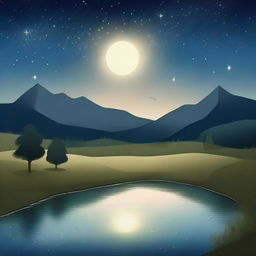 A serene night sky with a shining star illuminating a peaceful landscape