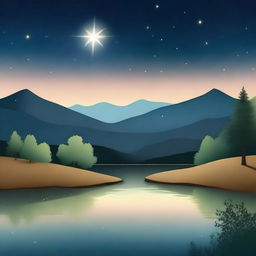 A serene night sky with a shining star illuminating a peaceful landscape